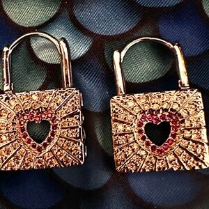 Gold Heart Lock Earrings with Red Accents